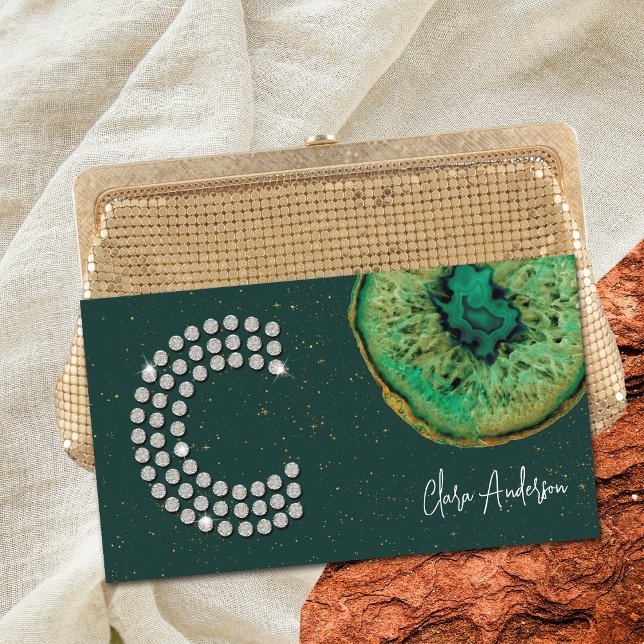 Diamonds Emerald Agate Initial C Letter Monogram Business Card (Front)