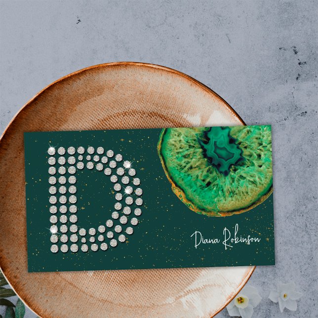 Diamonds Emerald Agate Initial D Letter Monogram Business Card (Front)