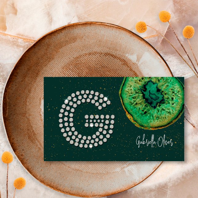 Diamonds Emerald Agate Initial G Letter Monogram Business Card (Creator Uploaded)