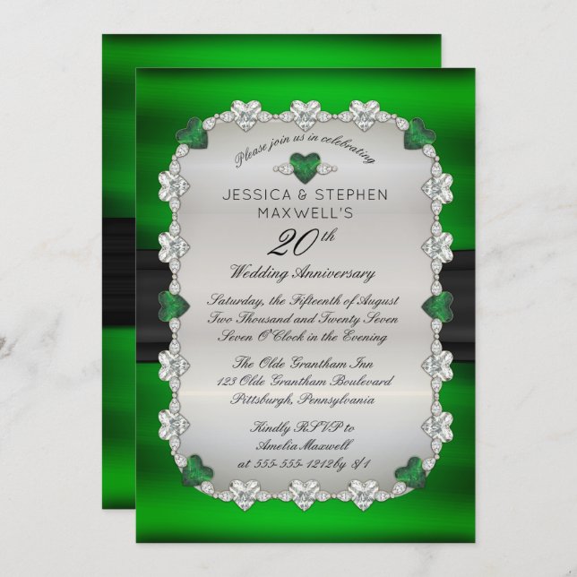 Diamonds Emeralds Green 20th Wedding Anniversary Invitation (Front/Back)