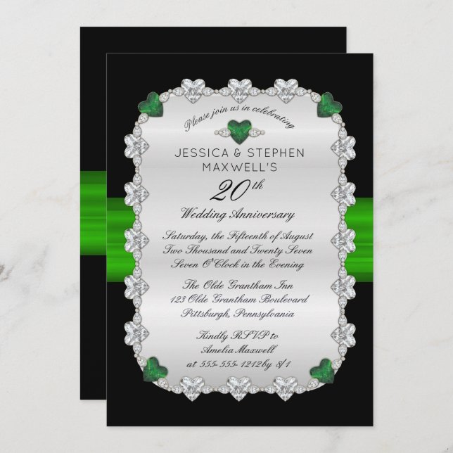Diamonds Emeralds Green 20th Wedding Anniversary Invitation (Front/Back)