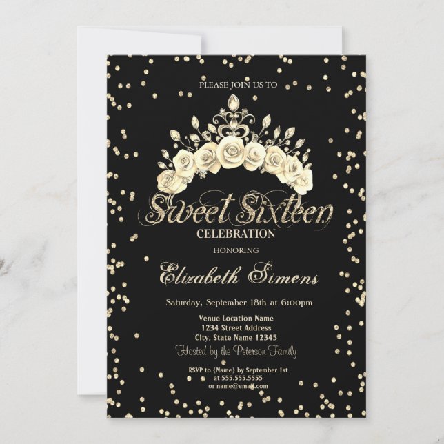 Diamonds Floral Crown Black Sweet 16 Invitation (Front)