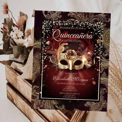 Diamonds Floral Damask Masquerade Quinceaera Invitation