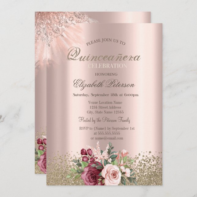 Diamonds Flowers Rose Gold Quinceañera Invitation (Front/Back)