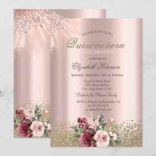 Diamonds Flowers Rose Gold Quinceañera Invitation