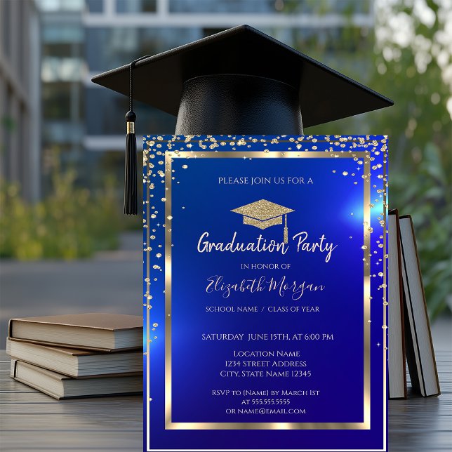 Diamonds Frame Gold Grad Cap Blue Graduation  Invitation (Creator Uploaded)