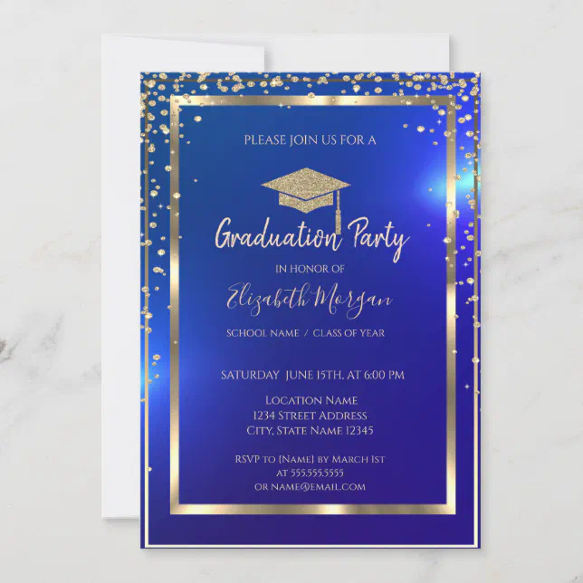 Diamonds Frame Gold Grad Cap Blue Graduation Invitation | Zazzle