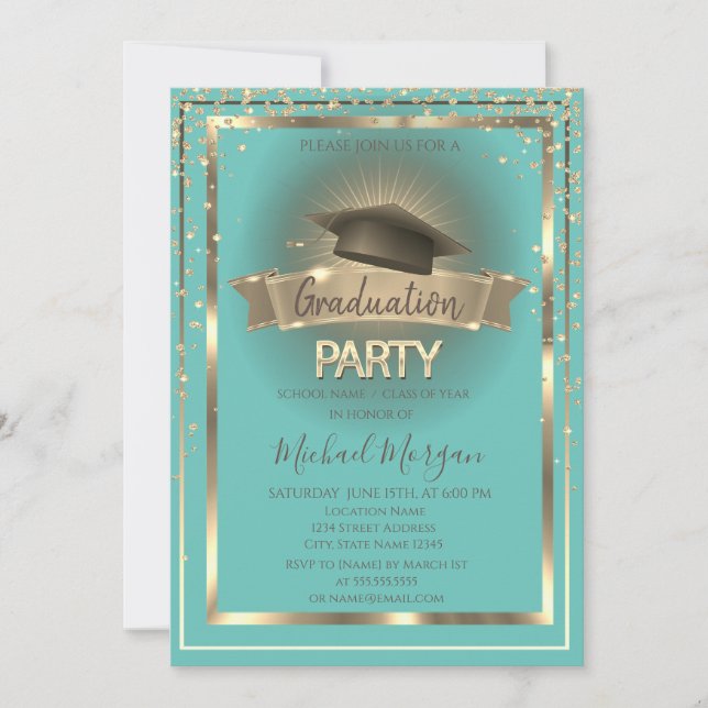 Diamonds Frame Grad Cap Mint Green Graduation   Invitation (Front)