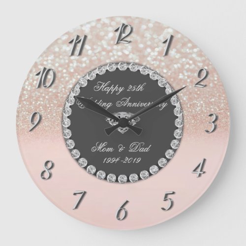 Diamonds Glitter Bokeh 25th Wedding Anniversary Large Clock