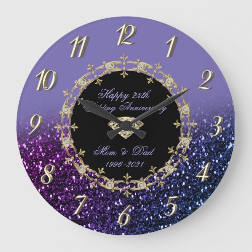 Diamonds Glitter Violet 25th Wedding Anniversary Large Clock