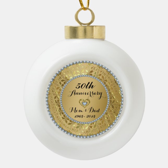 Diamonds & Gold 2 50th Wedding Anniversary Ceramic Ball Christmas Ornament (Front)