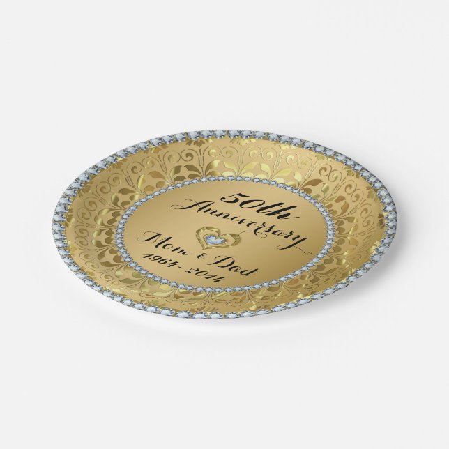 Diamonds & Gold 2 50th Wedding Anniversary Paper Plates (Angled)
