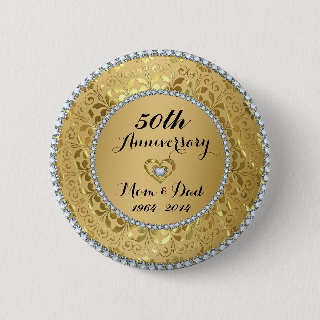 Diamonds & Gold 50th Wedding Anniversary Button (Front)