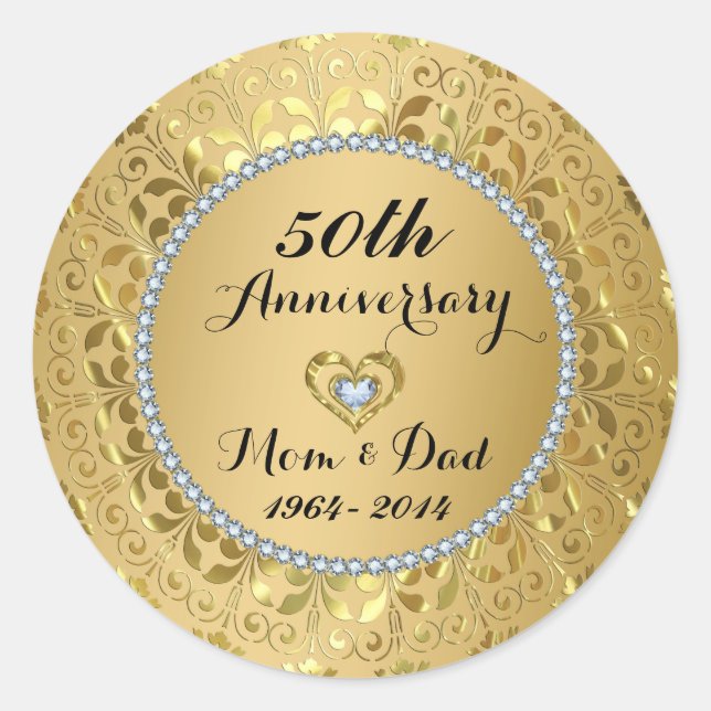 Diamonds & Gold 50th Wedding Anniversary Classic Round Sticker (Front)