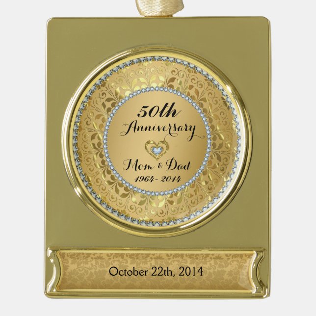 Diamonds & Gold 50th Wedding Anniversary Gold Plated Banner Ornament (Front)