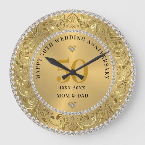 Diamonds  Gold 50th Wedding Anniversary Large Clock