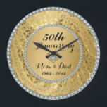 Diamonds & Gold 50th Wedding Anniversary Large Clock<br><div class="desc">Elegant gold tones floral border with 2 hearts and a diamond,  Gold 50th Wedding Anniversary. It comes in silver tones for the 25th anniversary. Diamonds are not real</div>