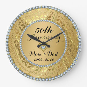 Diamonds & Gold 50th Wedding Anniversary Large Clock
