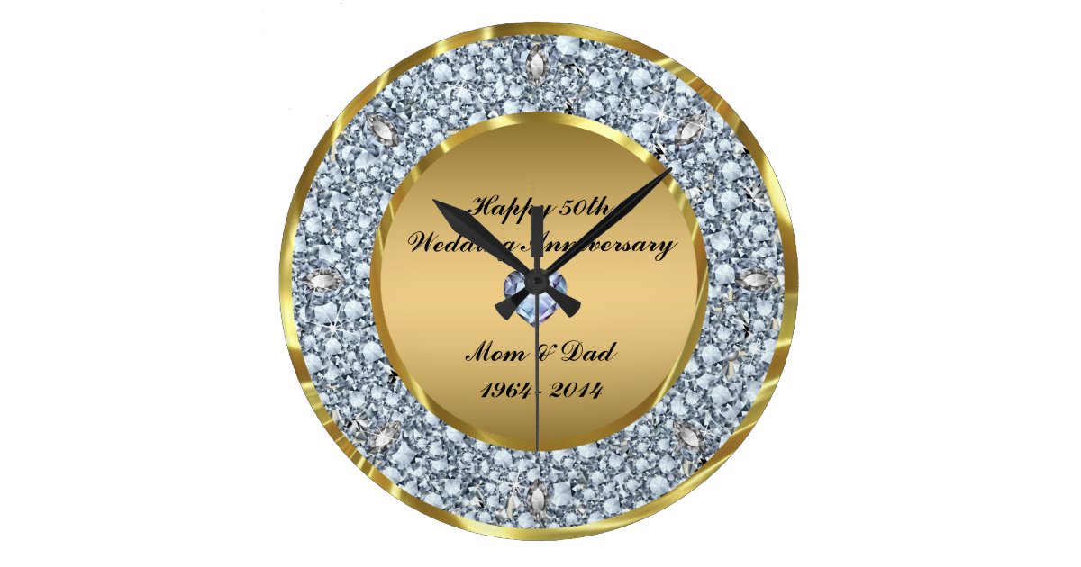 Diamonds & Gold 50th Wedding Anniversary Large Clock