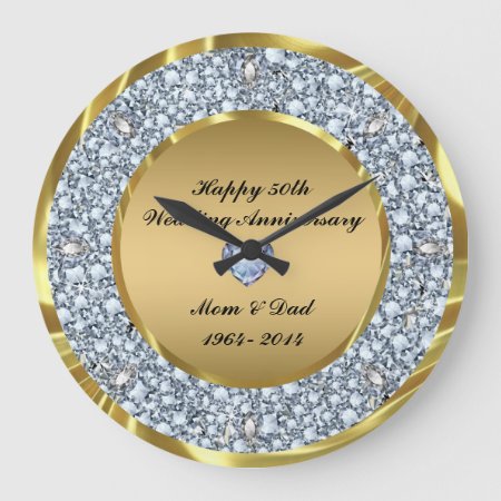 Diamonds & Gold 50th Wedding Anniversary Large Clock