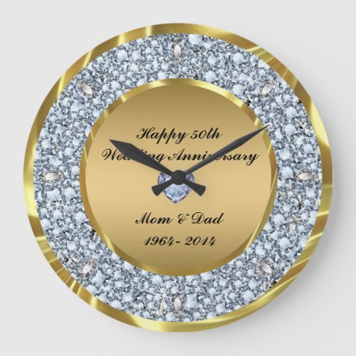 Diamonds  Gold 50th Wedding Anniversary Large Clock