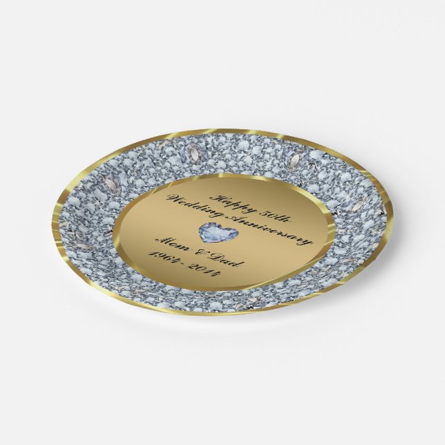 Diamonds & Gold 50th Wedding Anniversary Paper Plates (Angled)
