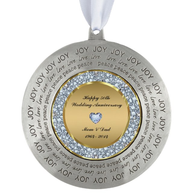 Diamonds & Gold 50th Wedding Anniversary Pewter Ornament (Front)