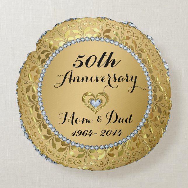 Diamonds & Gold 50th Wedding Anniversary Round Pillow (Front)