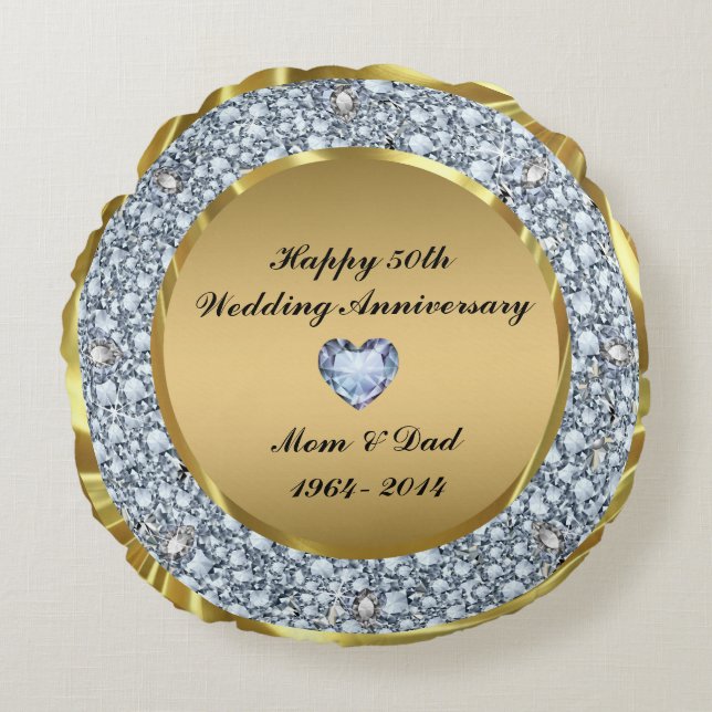 Diamonds & Gold 50th Wedding Anniversary Round Pillow (Front)