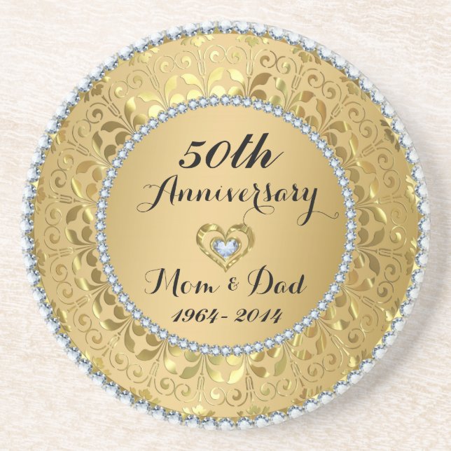 Diamonds & Gold 50th Wedding Anniversary Sandstone Coaster (Front)