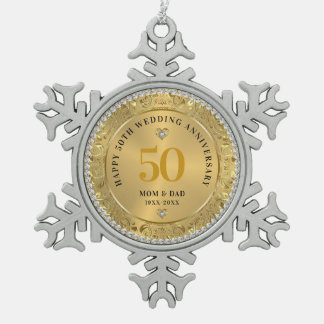 Diamonds Gold 50th Wedding Anniversary Snowflake Pewter Christmas Ornament