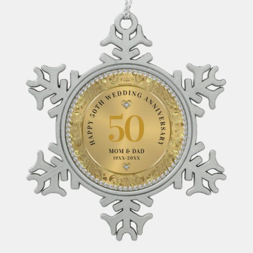 Diamonds  Gold 50th Wedding Anniversary Snowflake Pewter Christmas Ornament