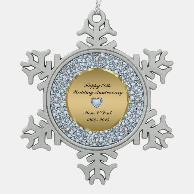 Diamonds & Gold 50th Wedding Anniversary Snowflake Pewter Christmas Ornament (Front)