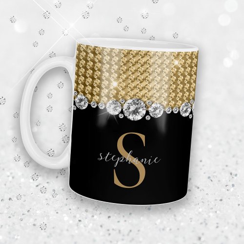 Diamonds Gold Black Elegant Shiny Monogram Custom Coffee Mug