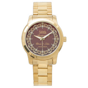 Diamonds Gold & burgundy 50th Wedding Anniversary Watch