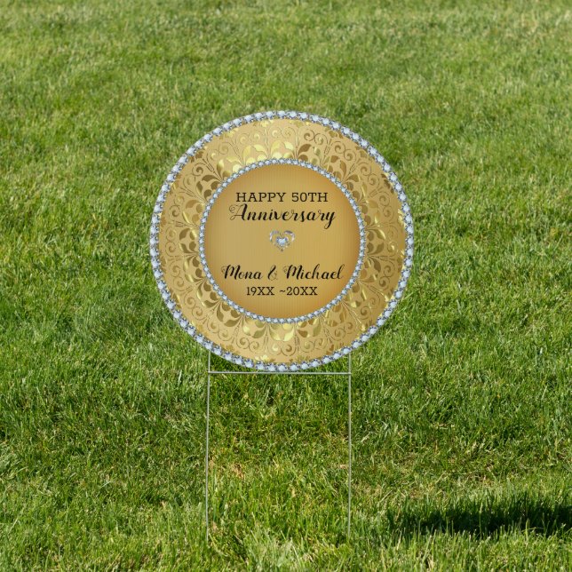 Diamonds & Gold Damask 50th Wedding Anniversary Sign (Insitu)