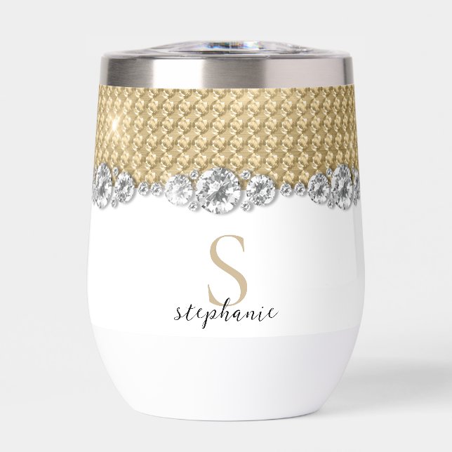 Diamonds Gold Elegant Shiny Monogram Custom Thermal Wine Tumbler (Front)