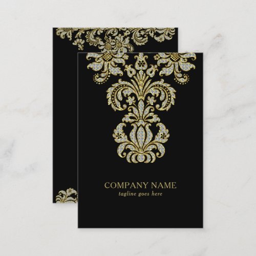 Diamonds  Gold Floral Swirl On Black Business Card