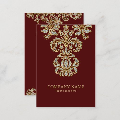 Diamonds  Gold Floral Swirl On Dark Red Business Card