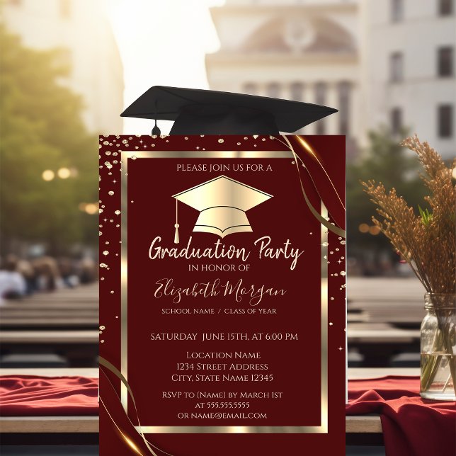 Diamonds Gold Frame Grad Cap Red Graduation  Invitation (Creator Uploaded)