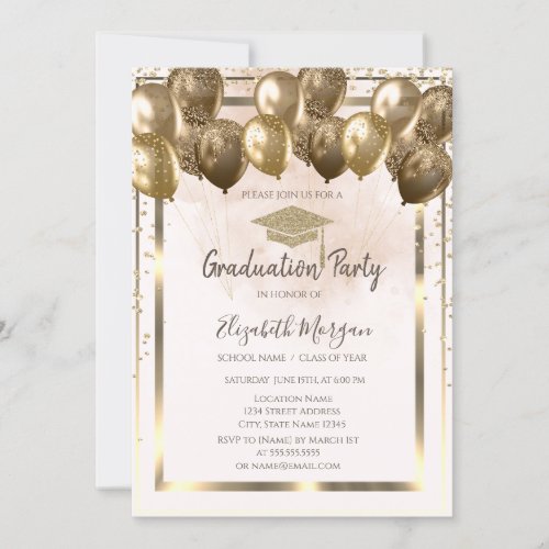 Diamonds Gold Grad Cap Balloons Cream Graduation Invitation