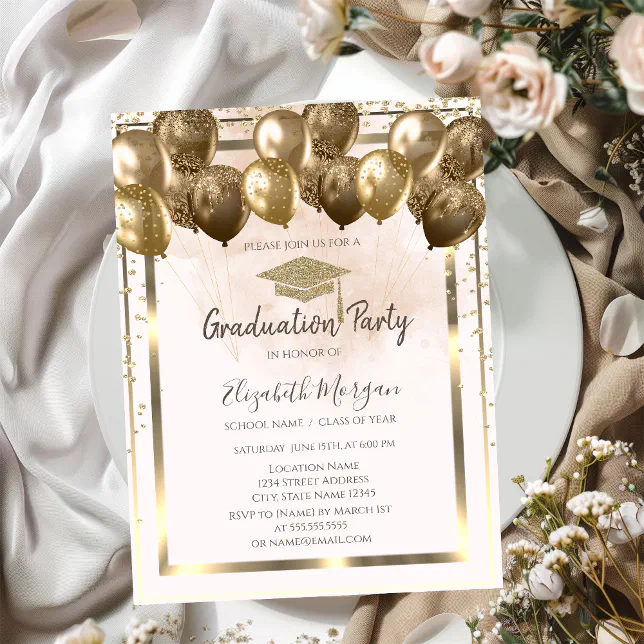 Diamonds Gold Grad Cap Balloons Cream Graduation Invitation | Zazzle