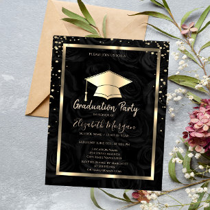 Diamonds Gold Grad Cap Black Roses Graduation  Invitation