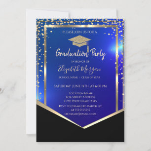 Diamonds Gold Grad Cap Blue Graduation Invitation