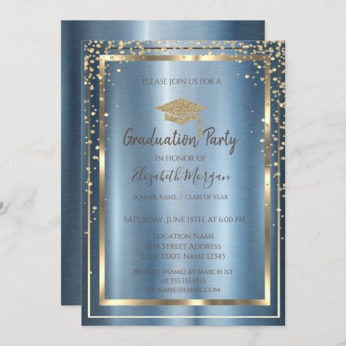 Diamonds Gold Grad Cap Blue Metallic Graduation  Invitation