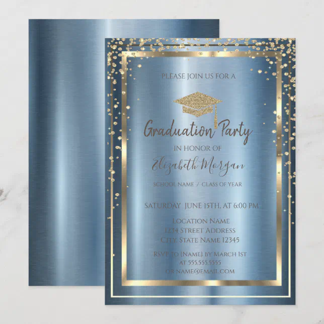 Diamonds Gold Grad Cap Blue Metallic Graduation Invitation | Zazzle