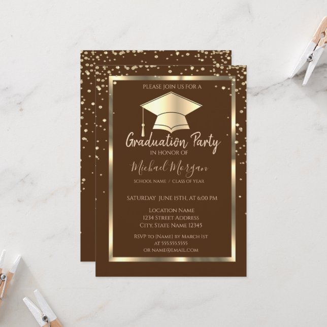 Diamonds Gold Grad Cap Brown Graduation   Invitation (Front/Back In Situ)