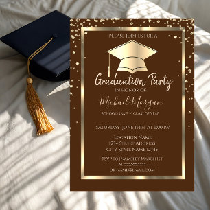 Diamonds Gold Grad Cap Brown Graduation   Invitation