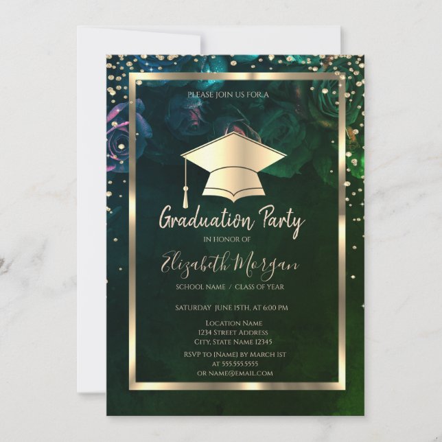 Diamonds Gold Grad Cap Chic Roses Graduation  Invitation (Front)