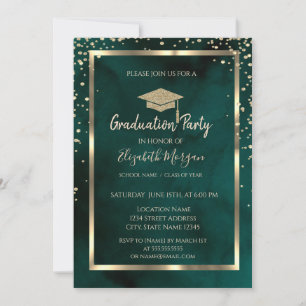 Diamonds Gold Grad Cap Emerald Green Graduation Invitation